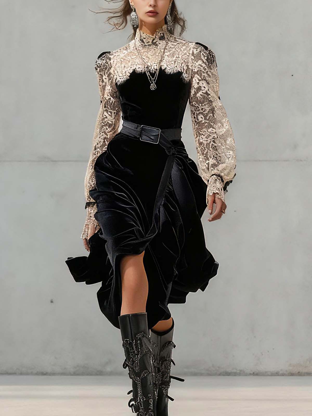 Black Velvet And Lace High Neck Midi Dress