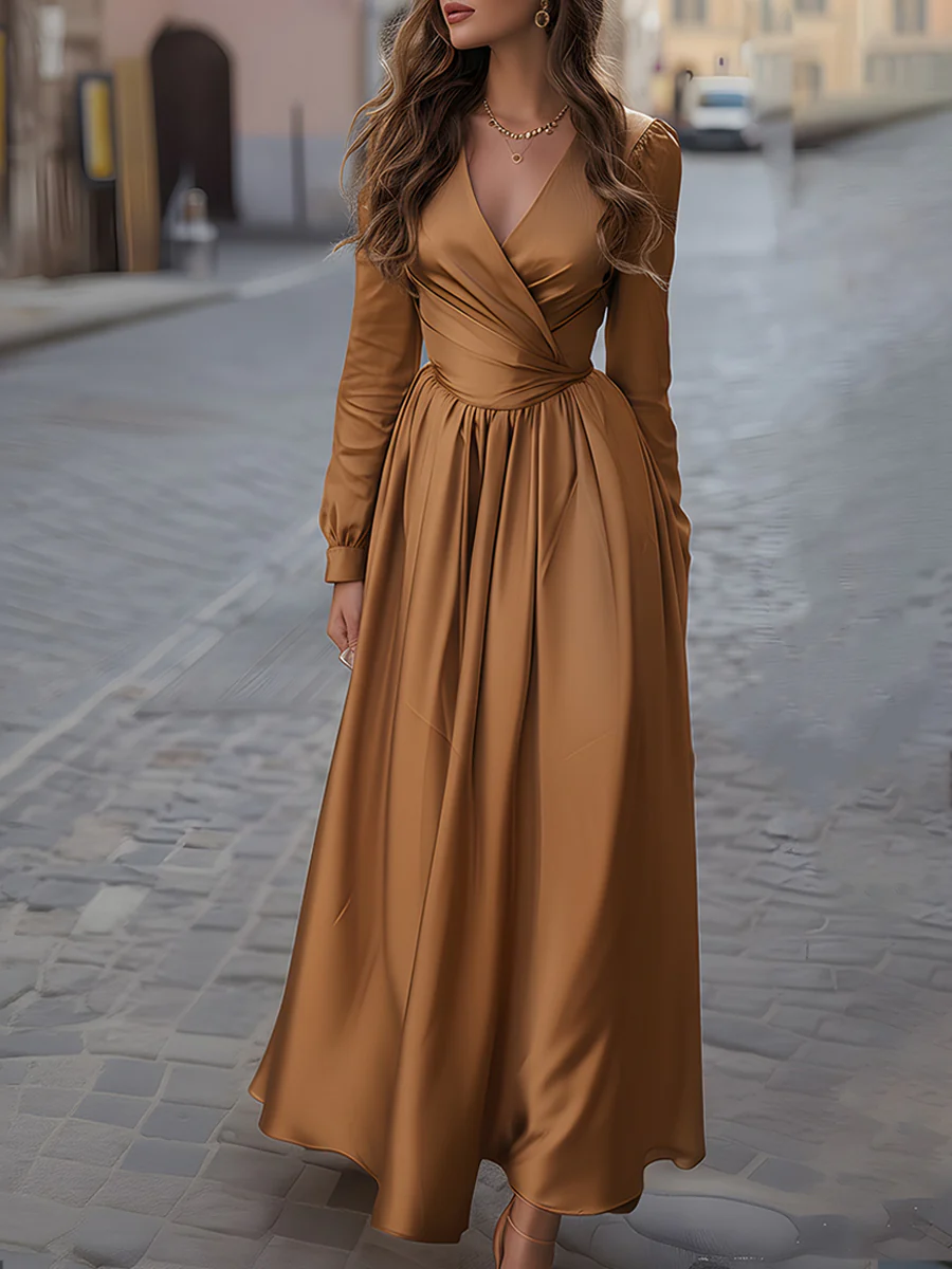 Caramel Satin Wrap Maxi Dress
