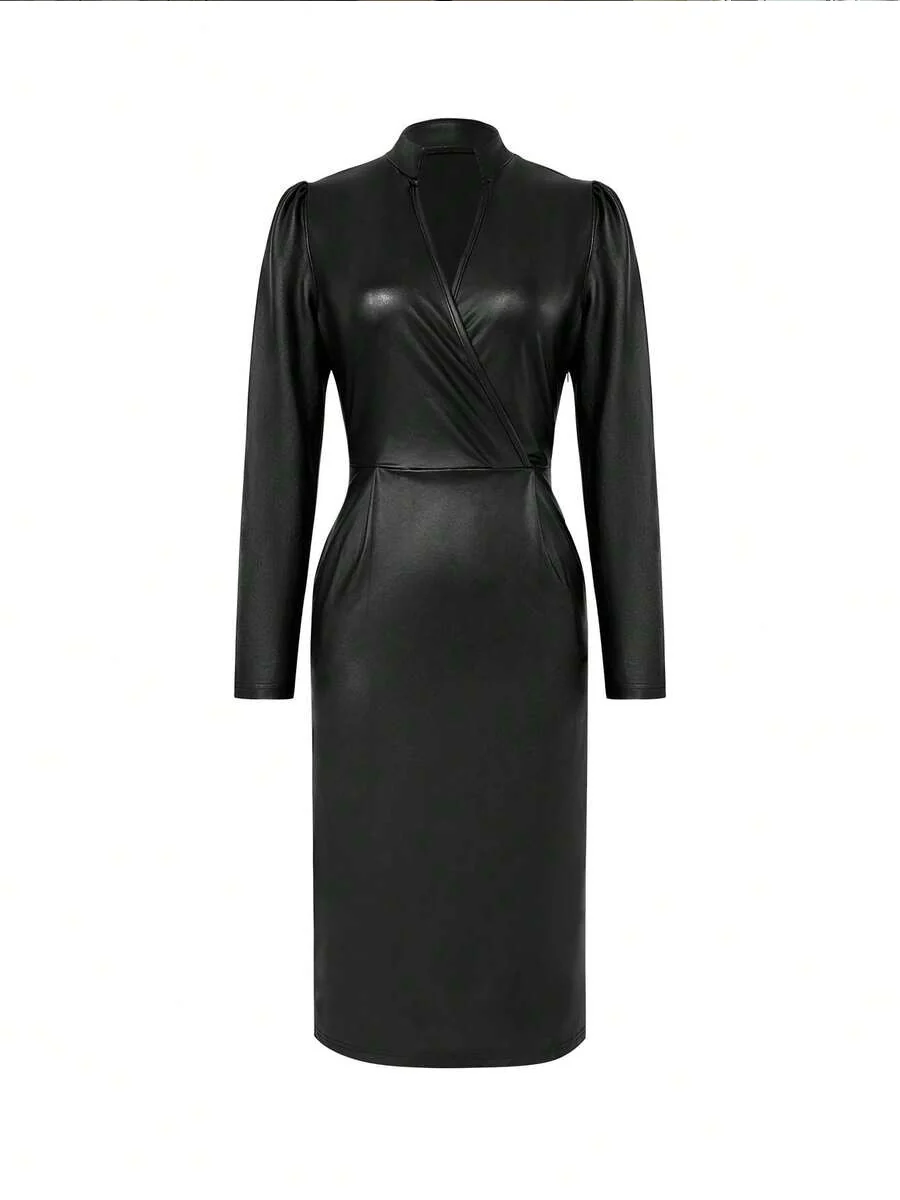 Black Faux Leather Wrap Midi Dress