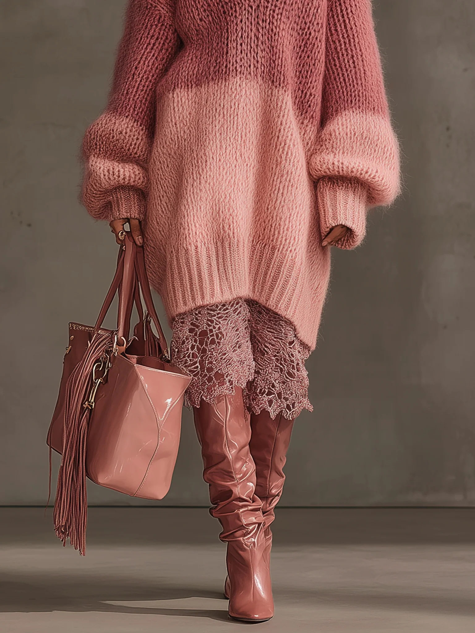 Pink Gradient Knit Long Sleeve Midi Dress With Lace Hem