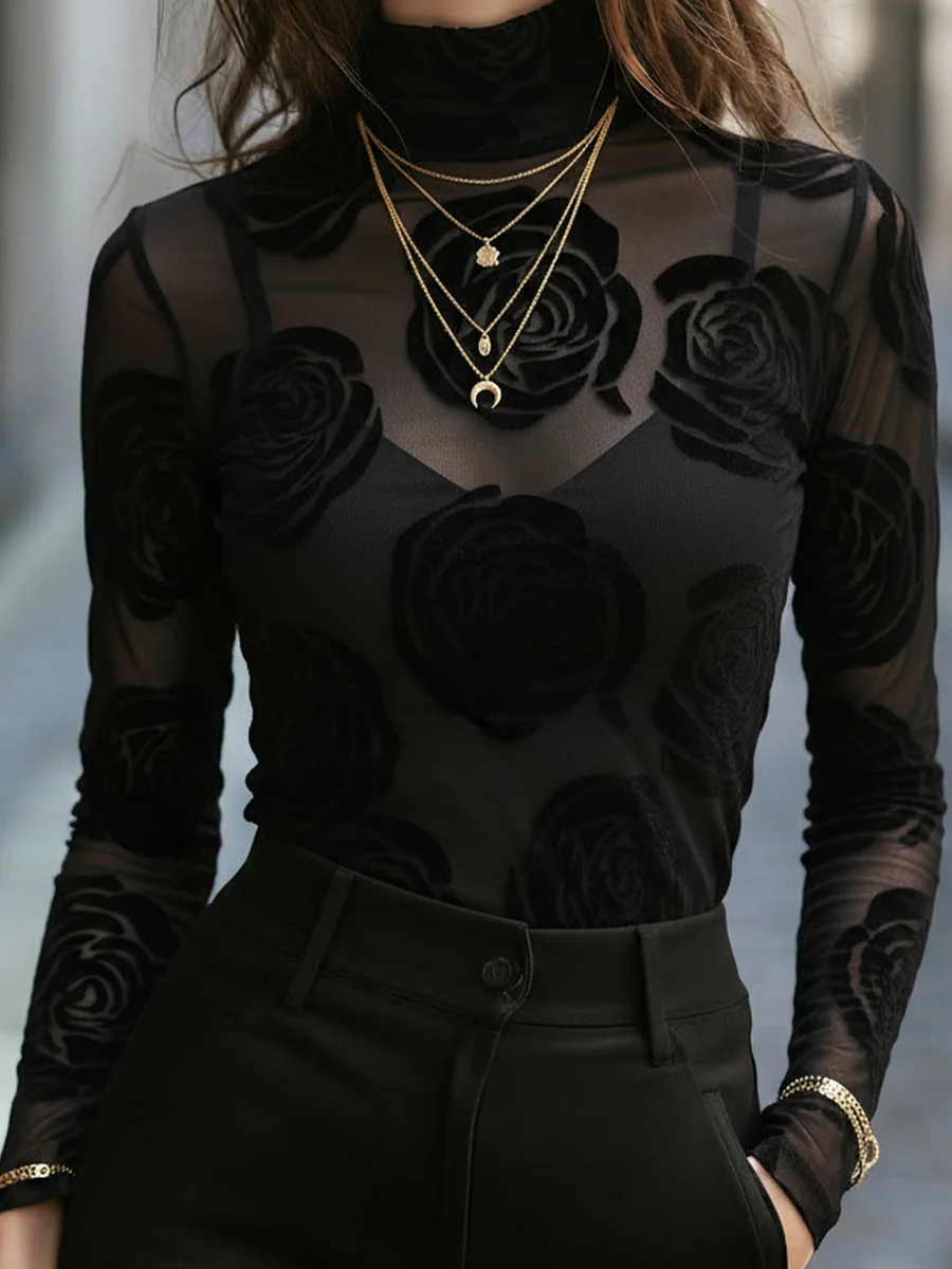 Sheer Rose-Patterned Turtleneck Top