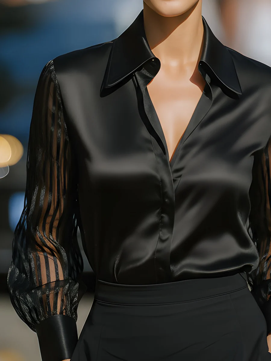 Satin Contrast Sheer Sleeve Blouse