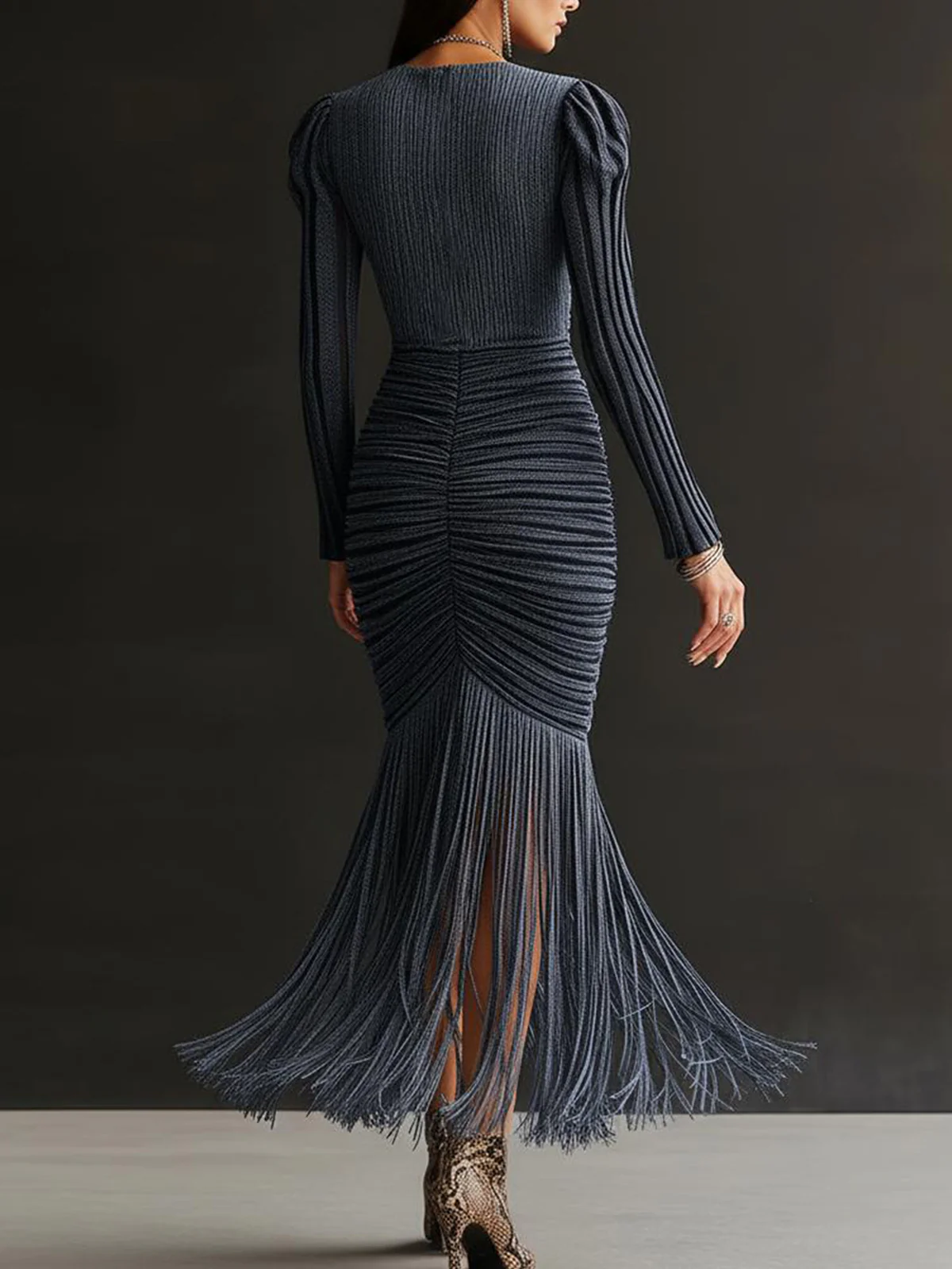 Midnight Ruched Fringe Knit V-Neck Bodycon Dress