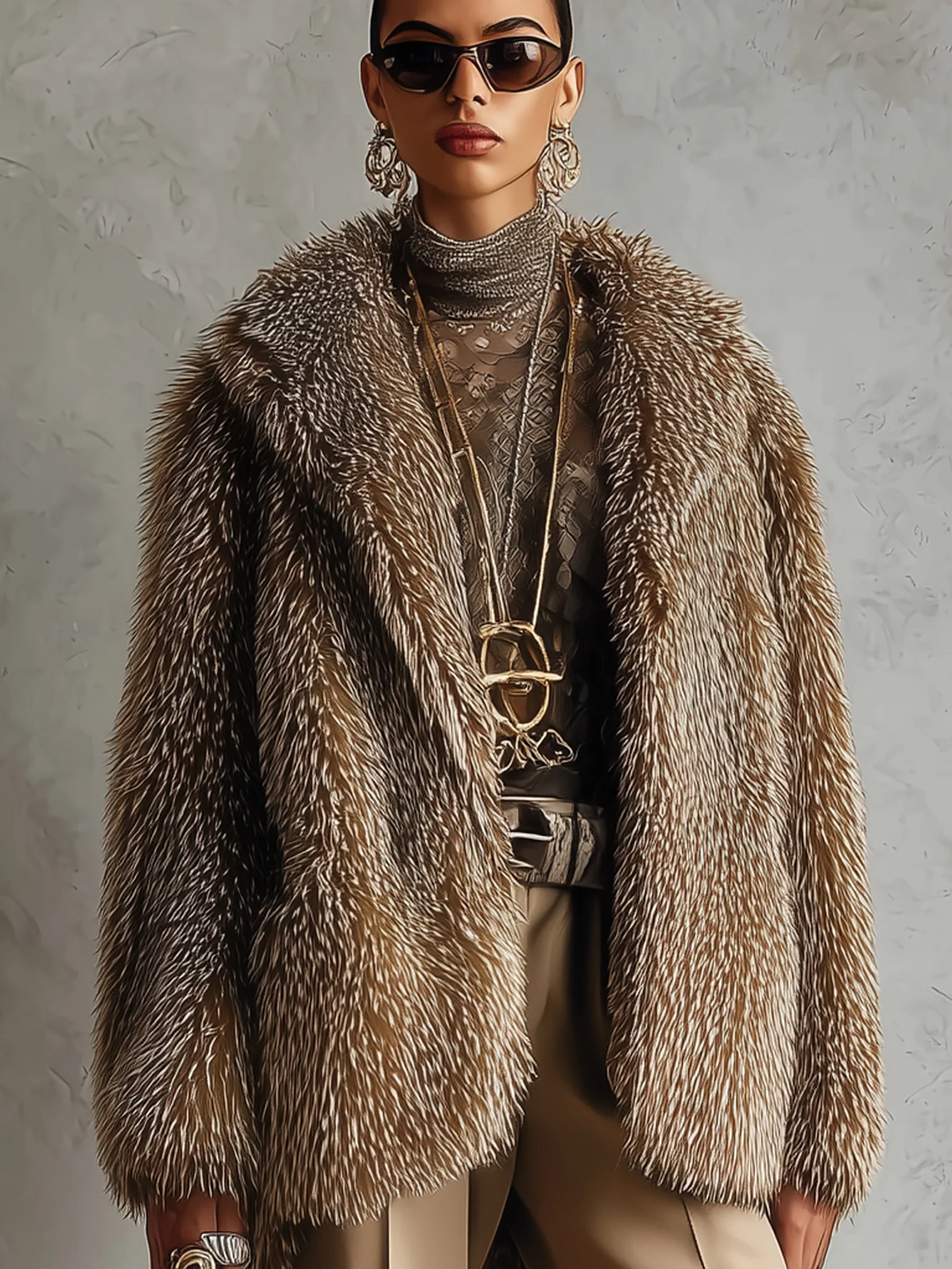 Brown Ombre Eco Faux Fur Luxury Long Sleeve Jacket