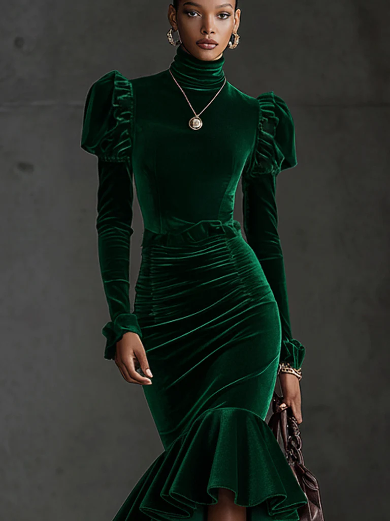 Emerald Velvet High Neck Puff Sleeve Mermaid Long Sleeve Midi Dress