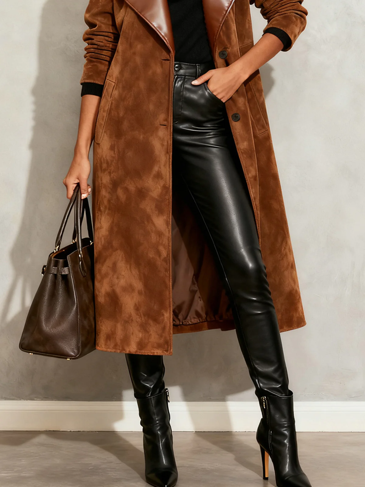 Brown Faux Suede Trench Coat With Leather Lapel