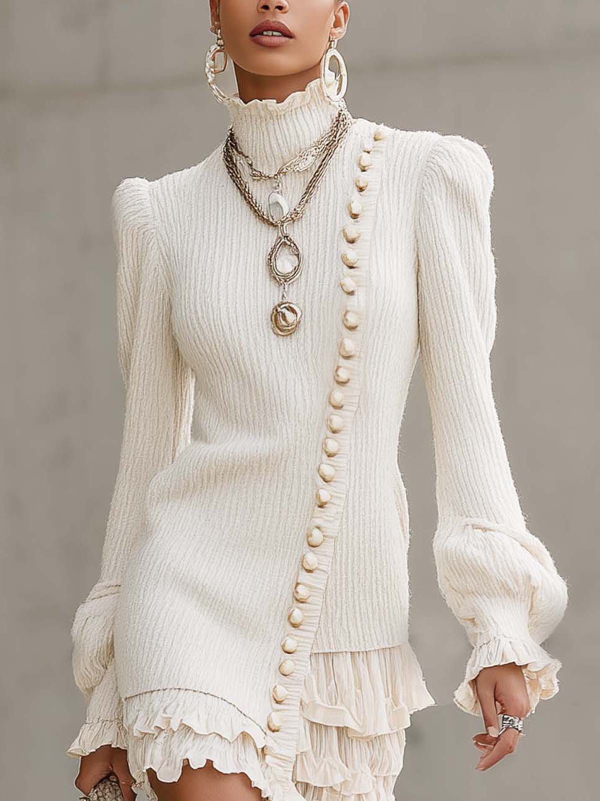 Lvory Corduroy Turtleneck Asymmetrical Front Panel Ruffled Mini Dress