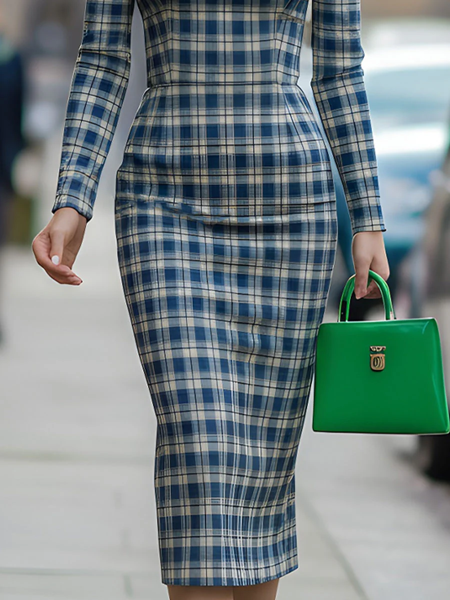 Stylish Blue Plaid Off-the-Shoulder Midi Dress