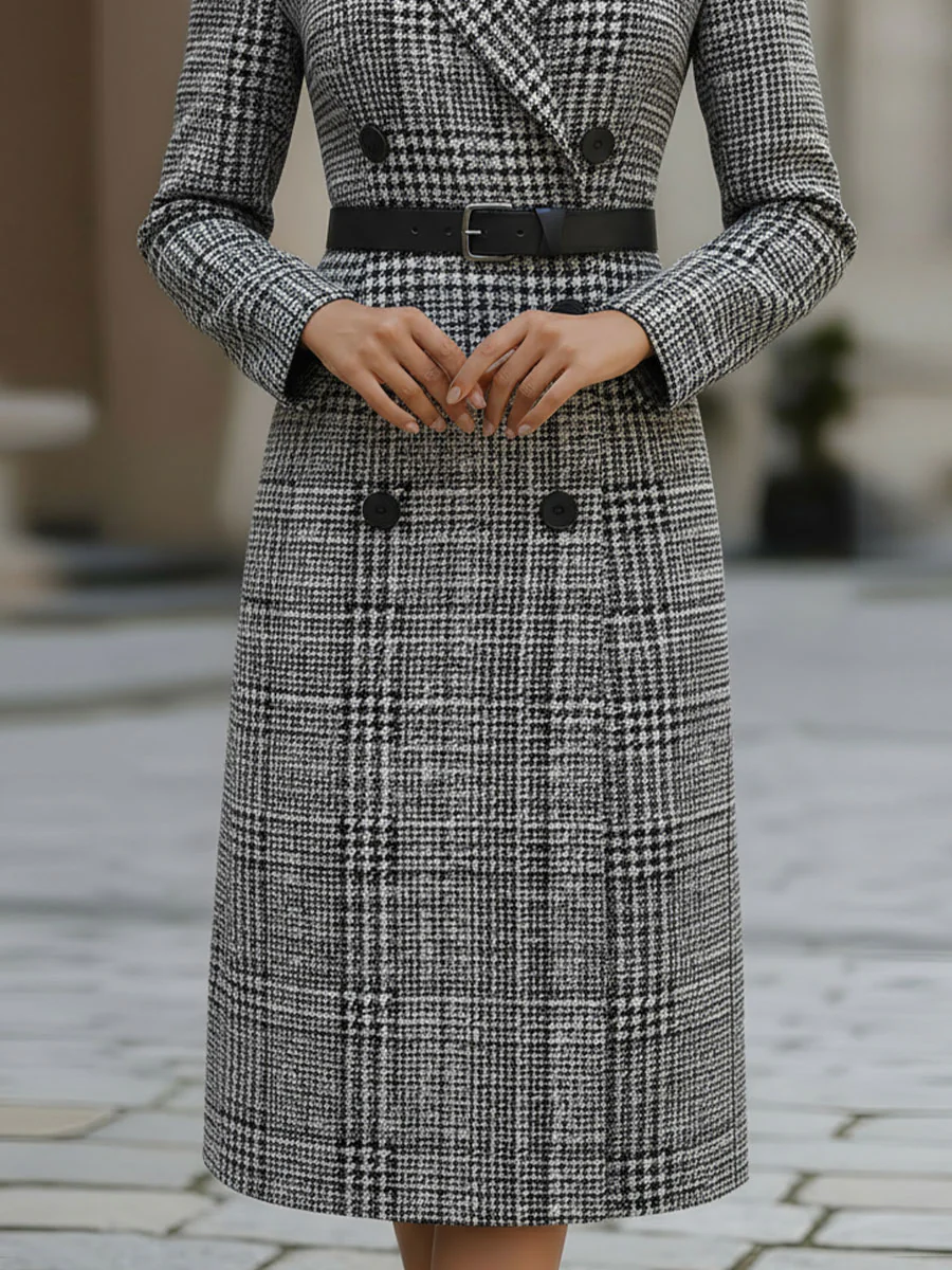 Mooyius Sophisticated Houndstooth Double-Breasted Trench Dress