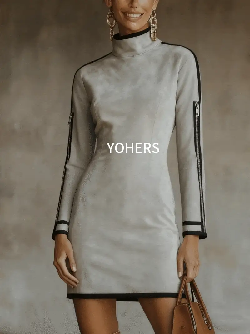 Gray Faux Suede Mock Neck Mini Dress With Zip Sleeve Detail