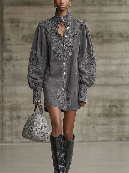 Gray Embroidered Faux Suede Mini Dress