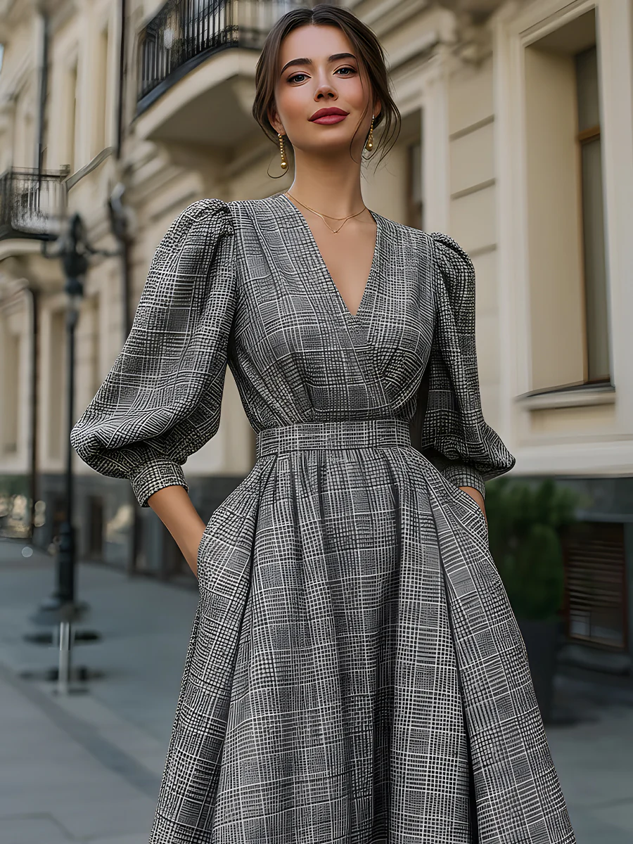 Checkered Puff Sleeve A-Line Dress