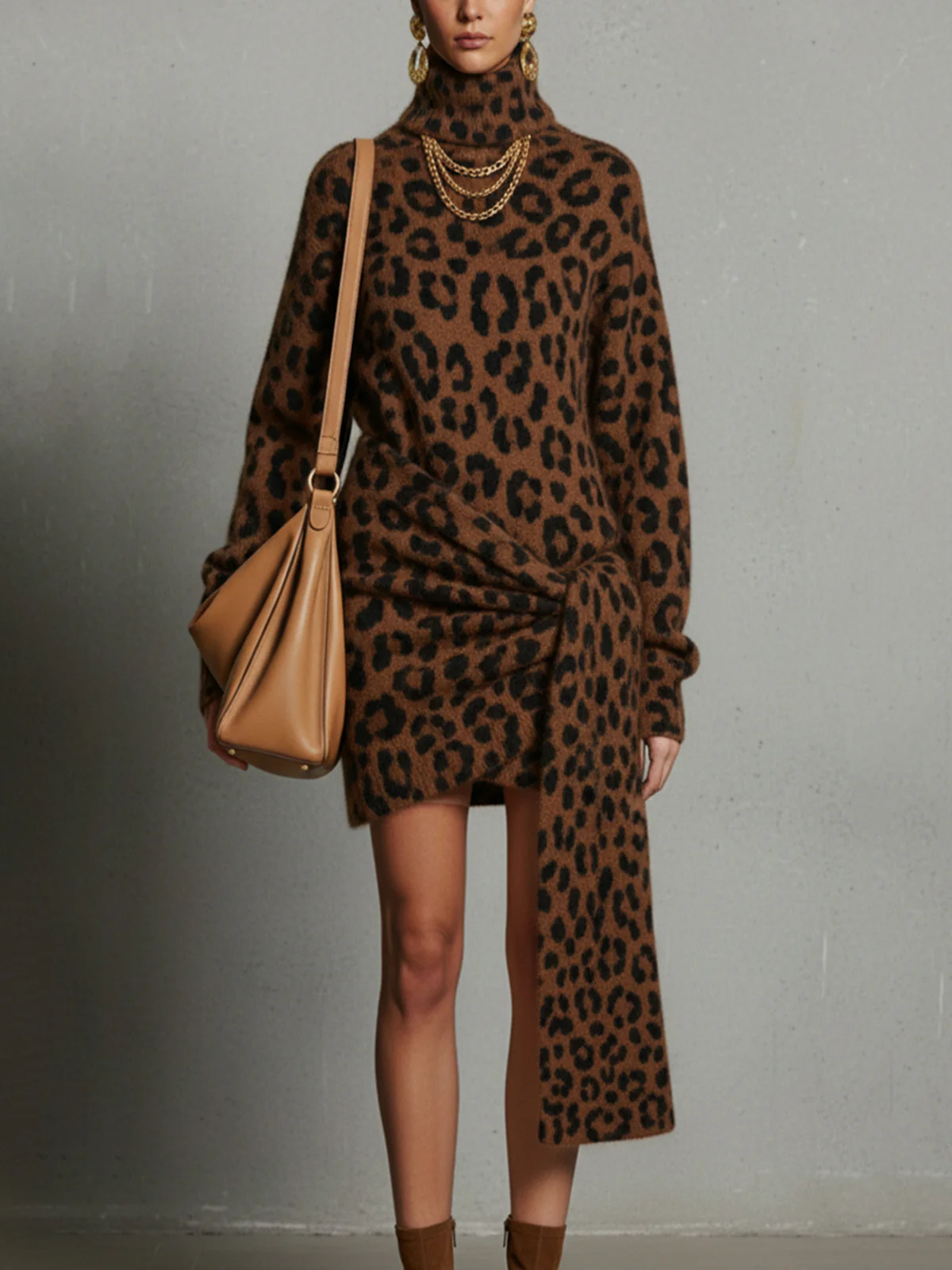 Brown Leopard Print Turtleneck Sweater Dress With Wrap Detail