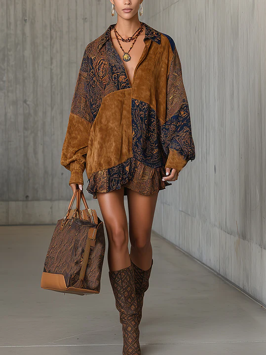 Brown Vintage Patchwork Faux Suede Mini Dress