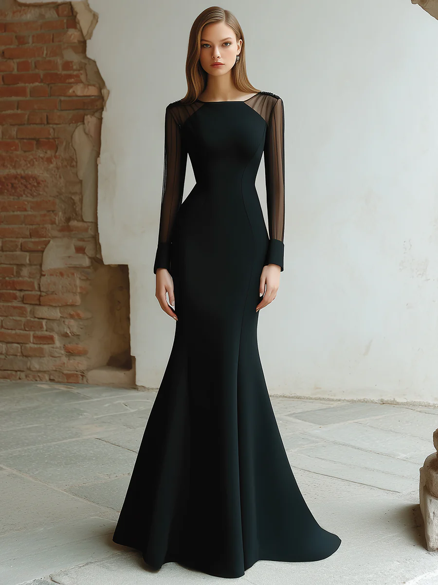 Black Mesh Sleeve Evening Gown