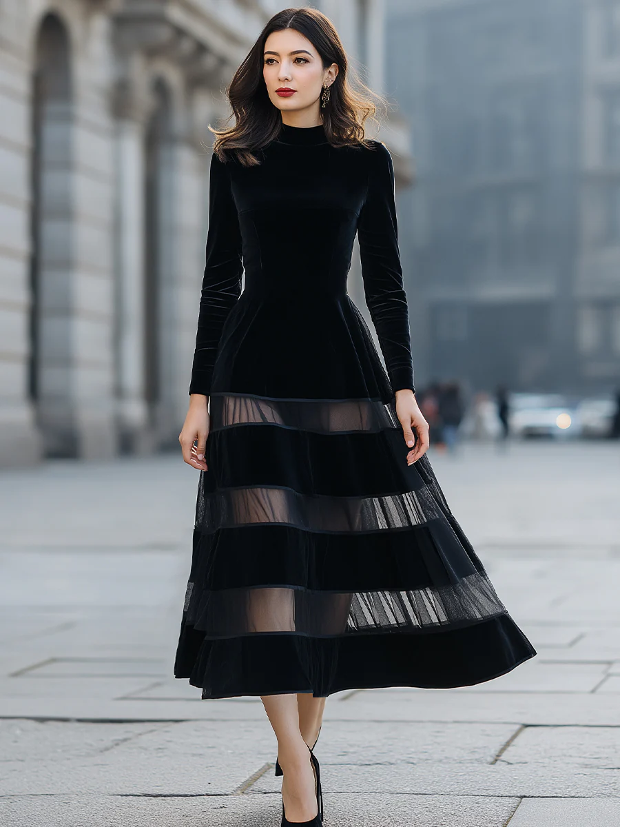 Elegant  Velvet Sheer Stripe Midi Dress