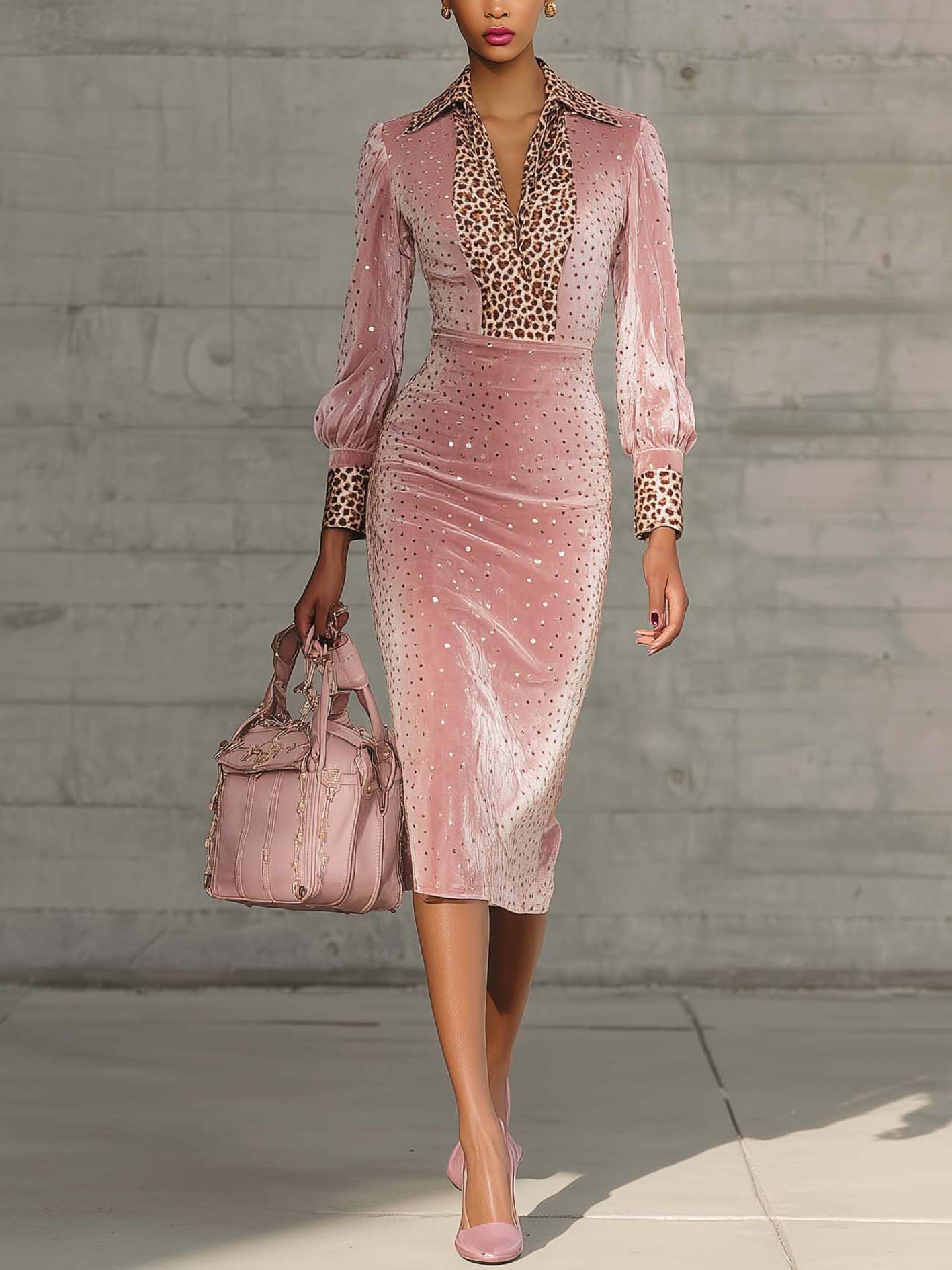 Pink Velvet Bodycon Dress With Sequined Leopard Print Accents