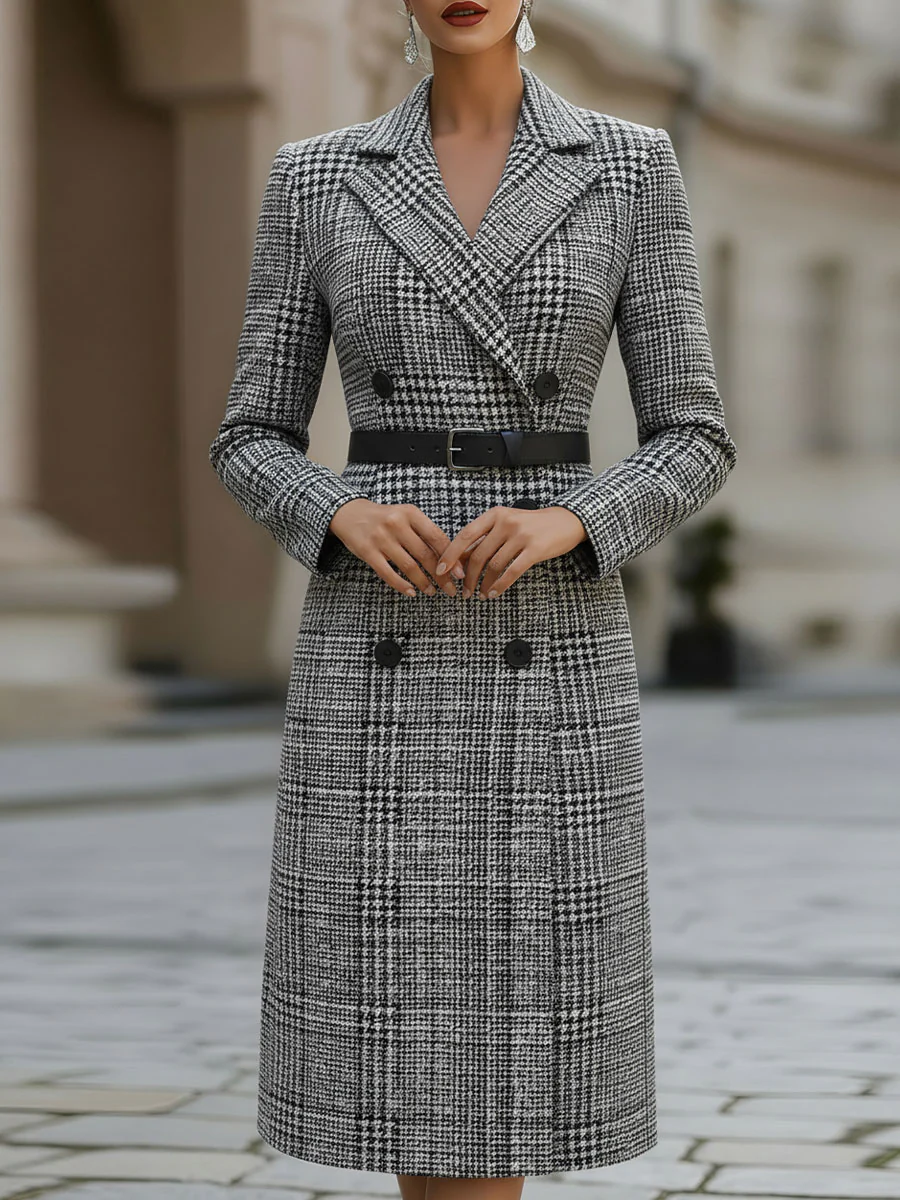 Mooyius Sophisticated Houndstooth Double-Breasted Trench Dress