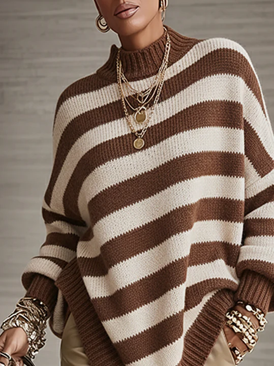 Brown And Cream Diagonal Stripe Knit Sweater With Asymmetrical Hem