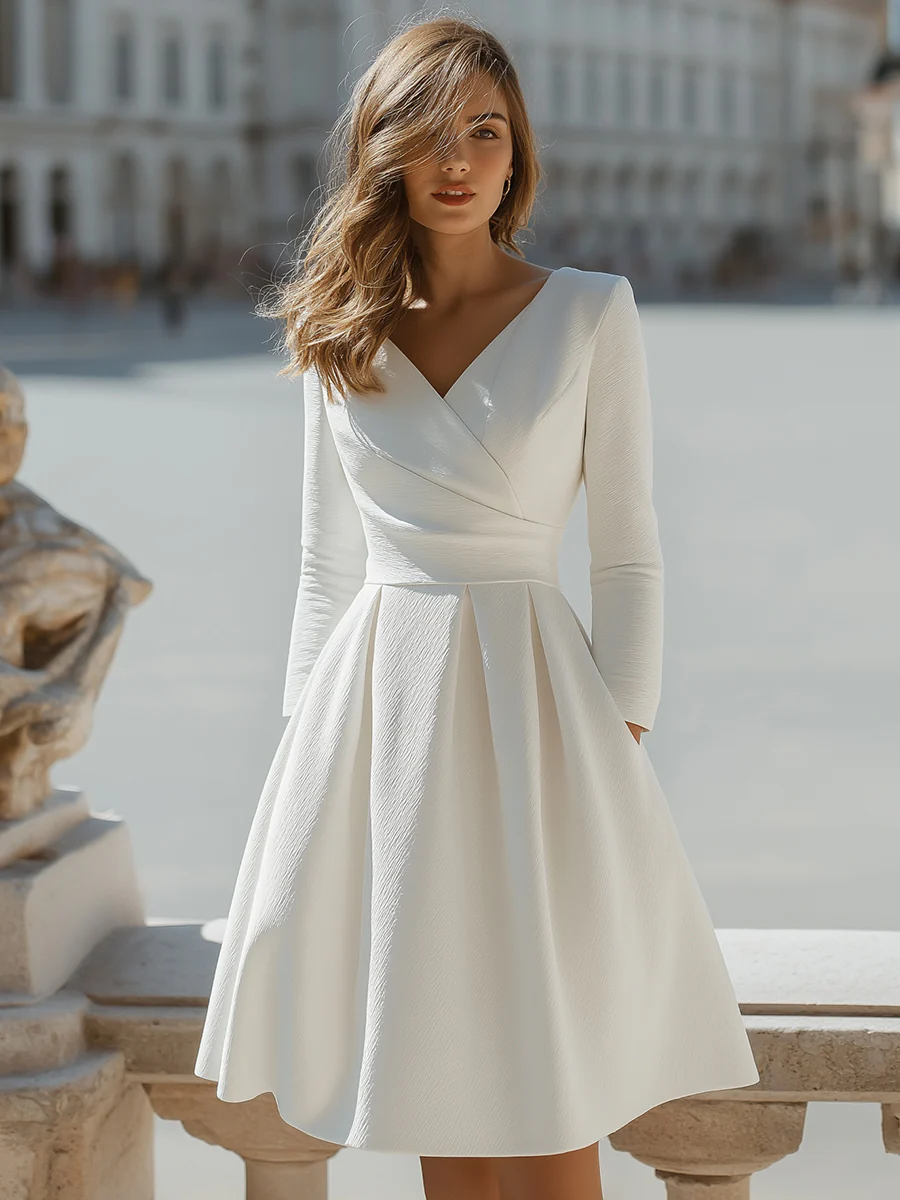 White V-Neck Pleated A-Line Dress