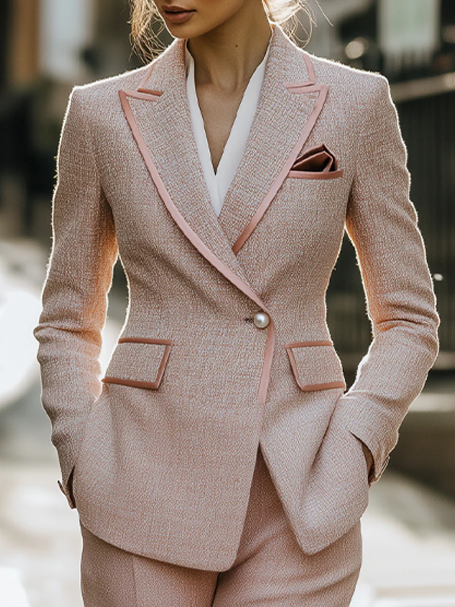 Chic Soft Pink Tweed Suit with Feminine Tailoring and Pearl Accents