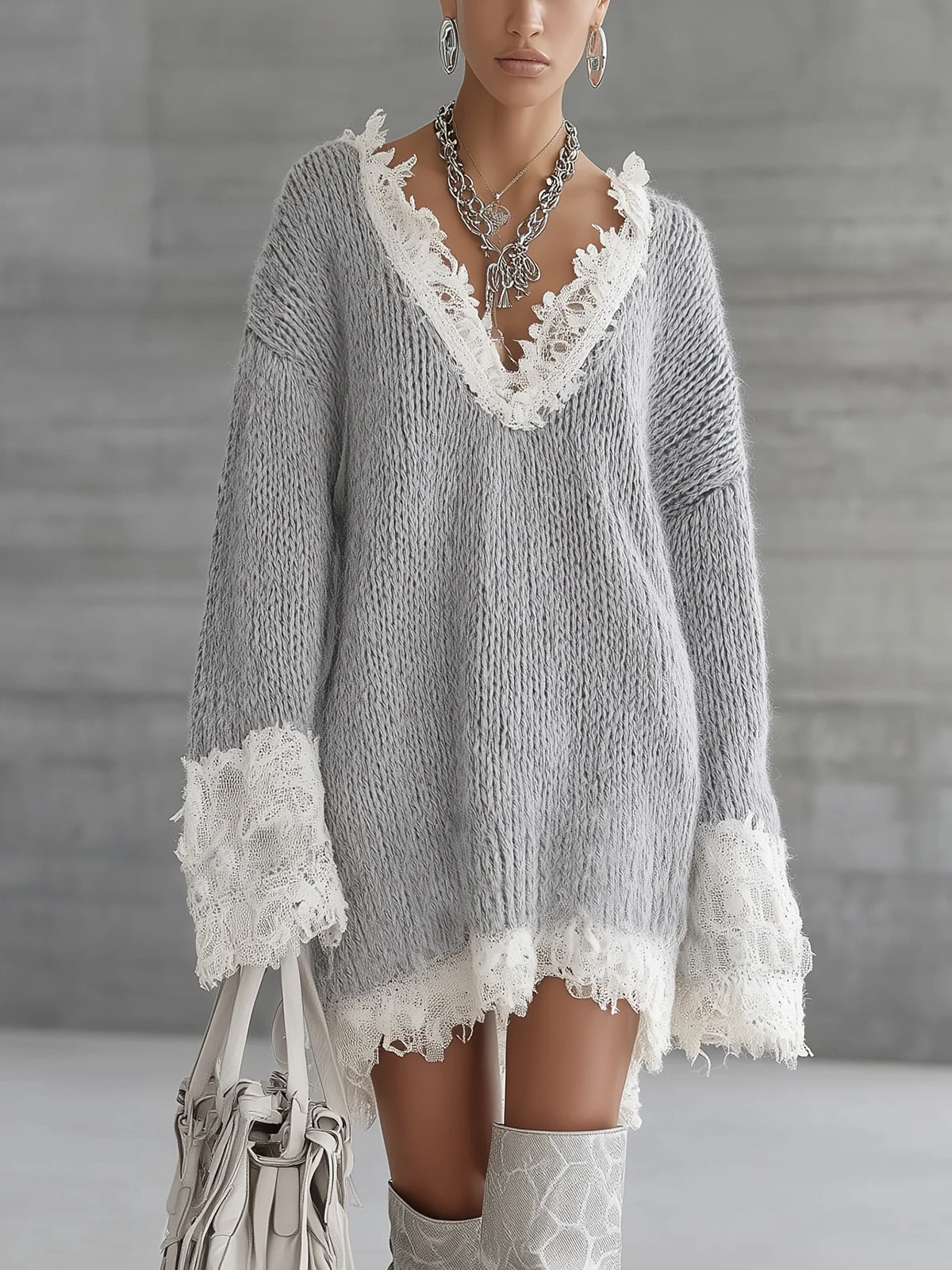 Soft Gray Knit Lace Trim Oversized Sweater Dress