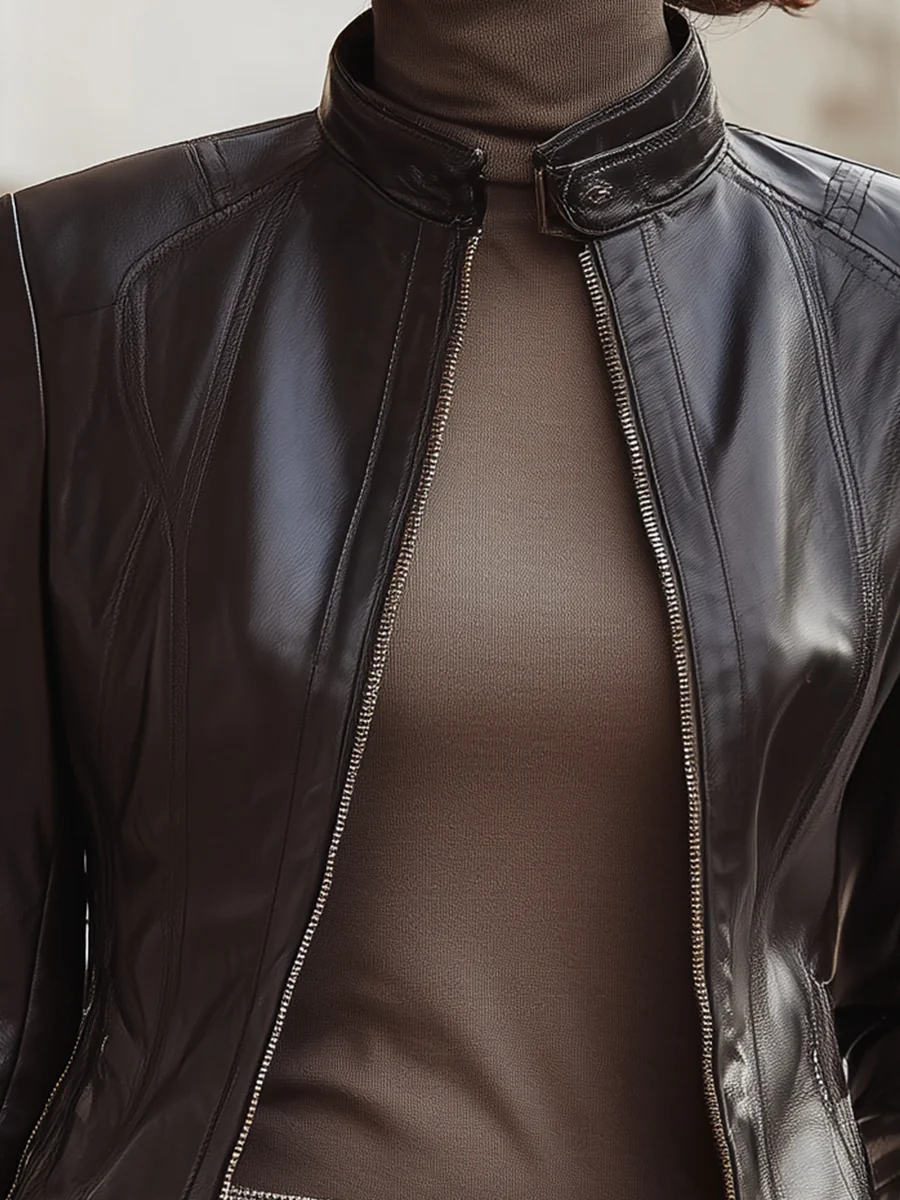 Espresso Black Leather Stand-Collar Jacket