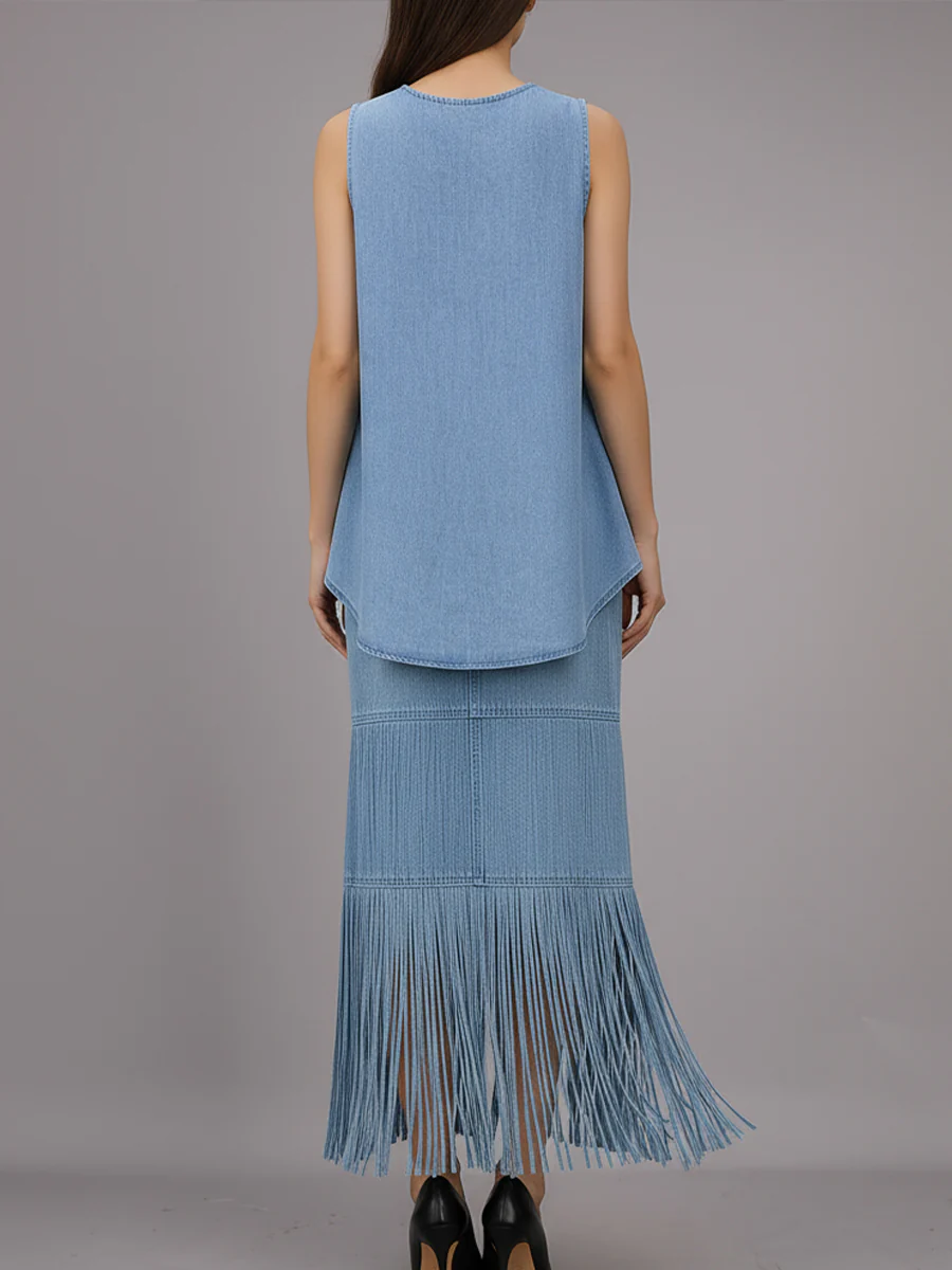 Stylish Denim Two-Piece Set With Asymmetrical Top And Fringed Skirt