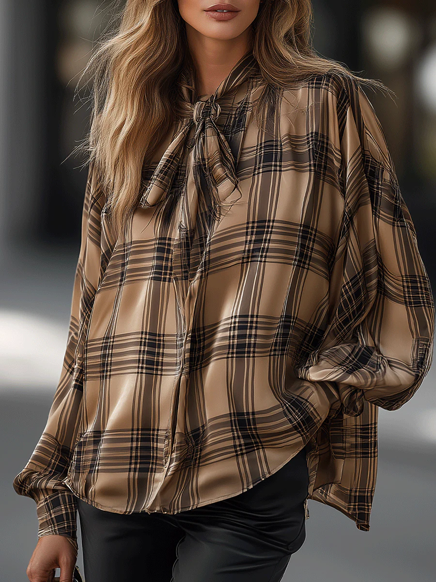 Beige Plaid Button-Down Shirt With Bow Tie Detail