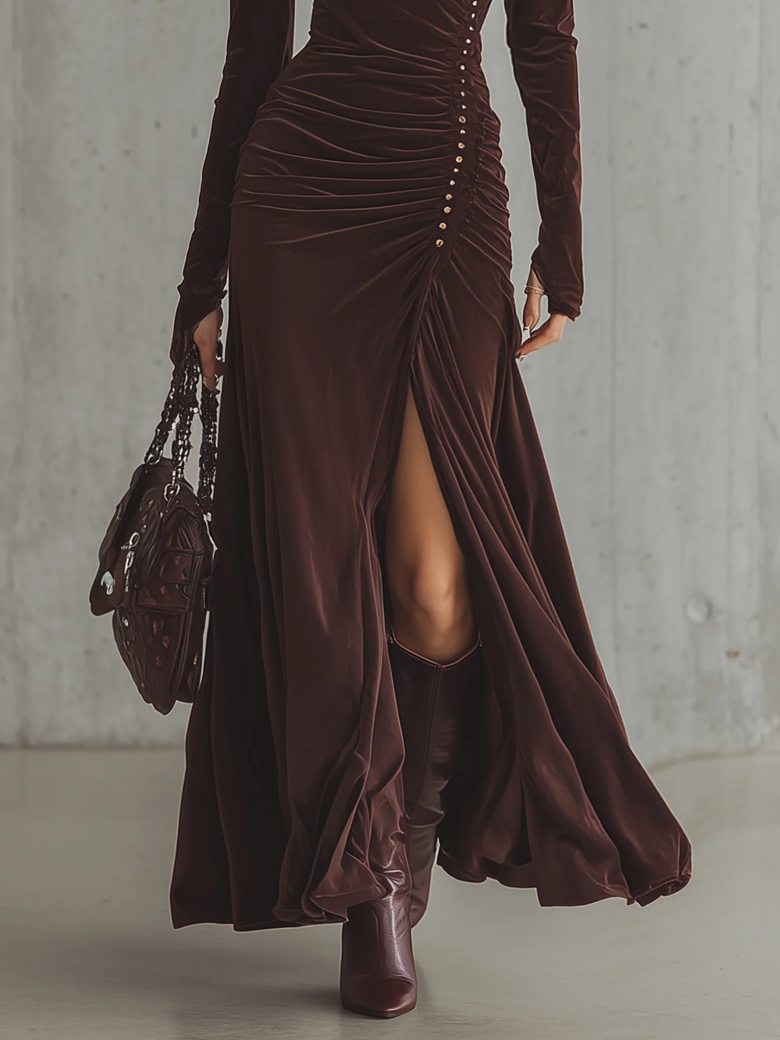 Reddish Brown Velvet Maxi Dress With Button Detail
