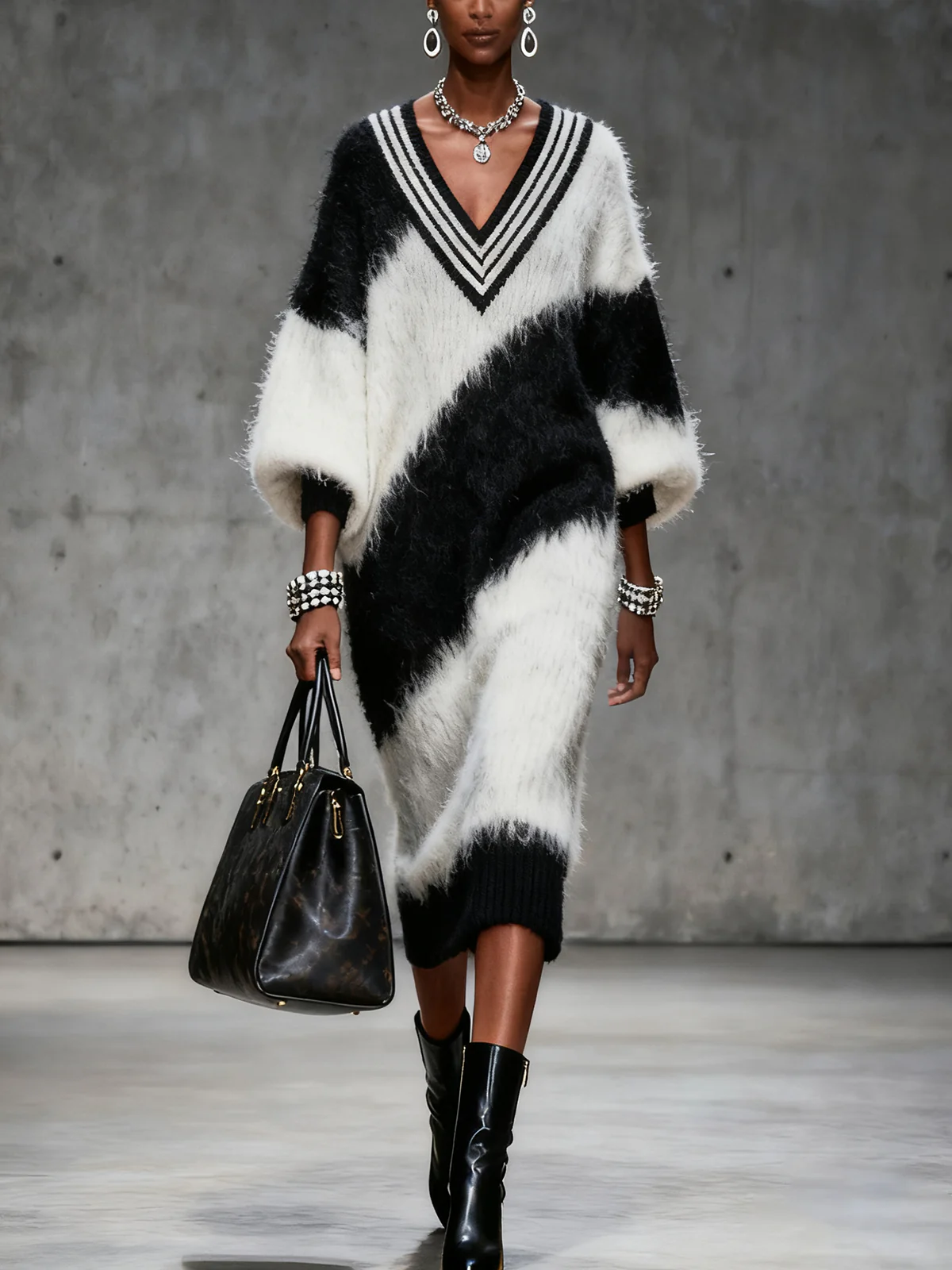 Black And White Fuzzy V-Neck Sweater Dress