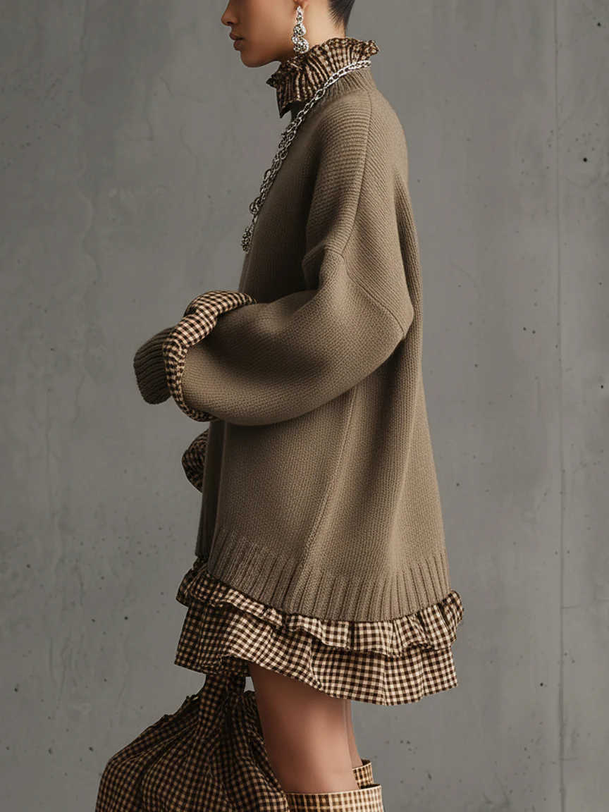 Brown Knitted Plaid Ruffle Long Sleeve Mini Dress