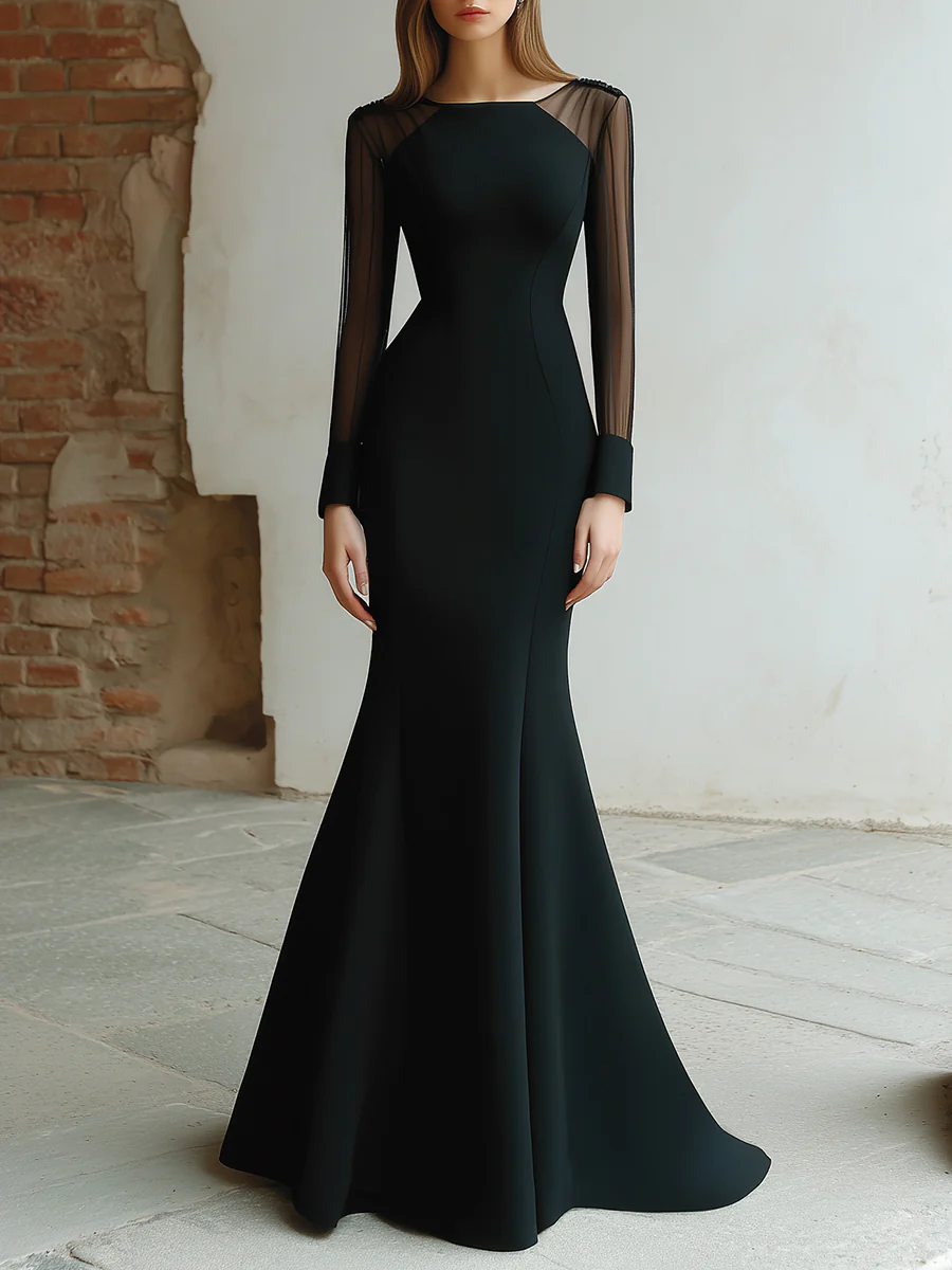 Black Mesh Sleeve Evening Gown