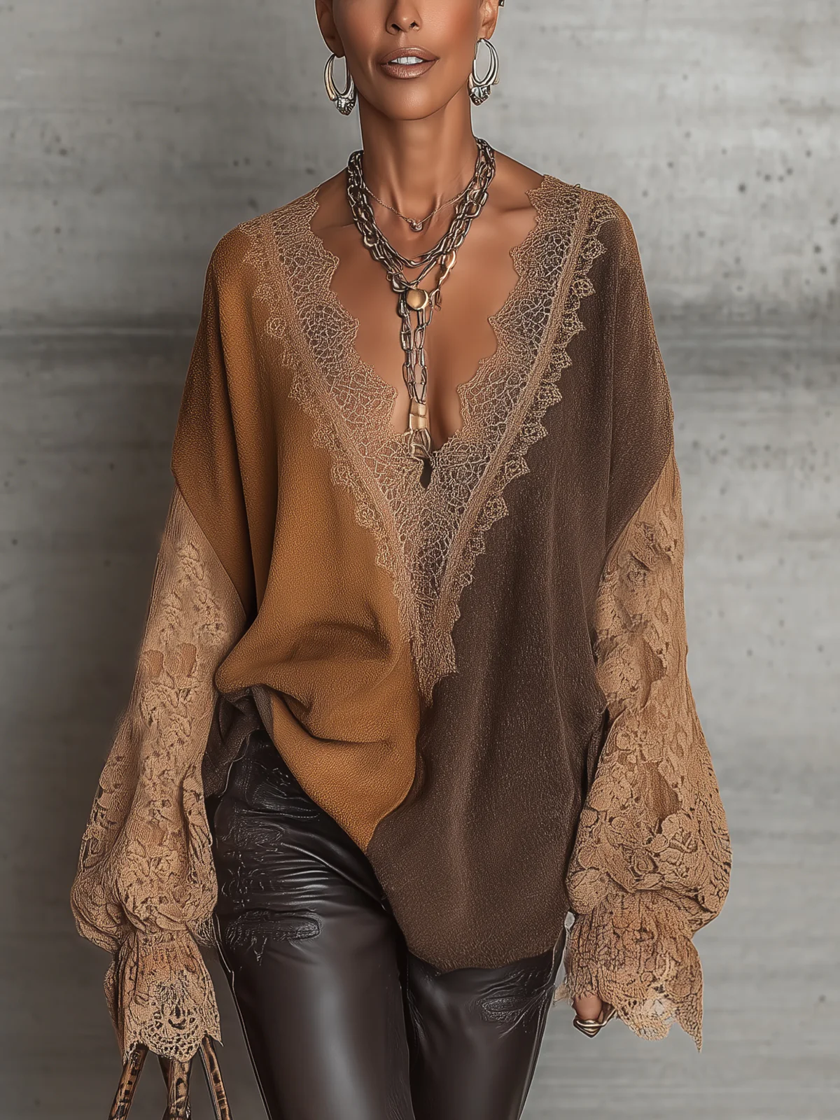 Brown Lace Trim V-Neck Sweater With Lace Sleeves
