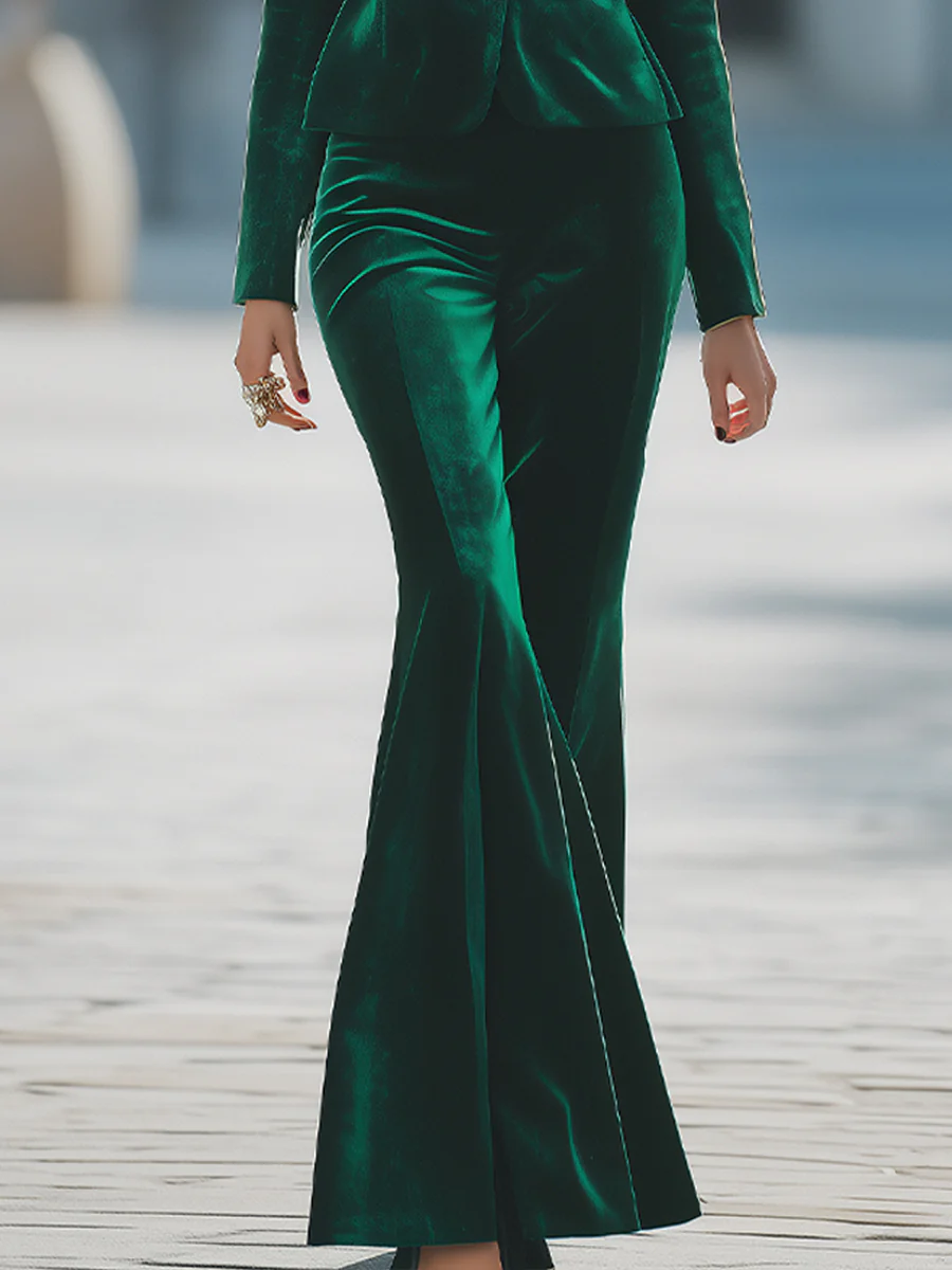 Elegant Emerald Green Velvet Blazer And Flared Pants Set