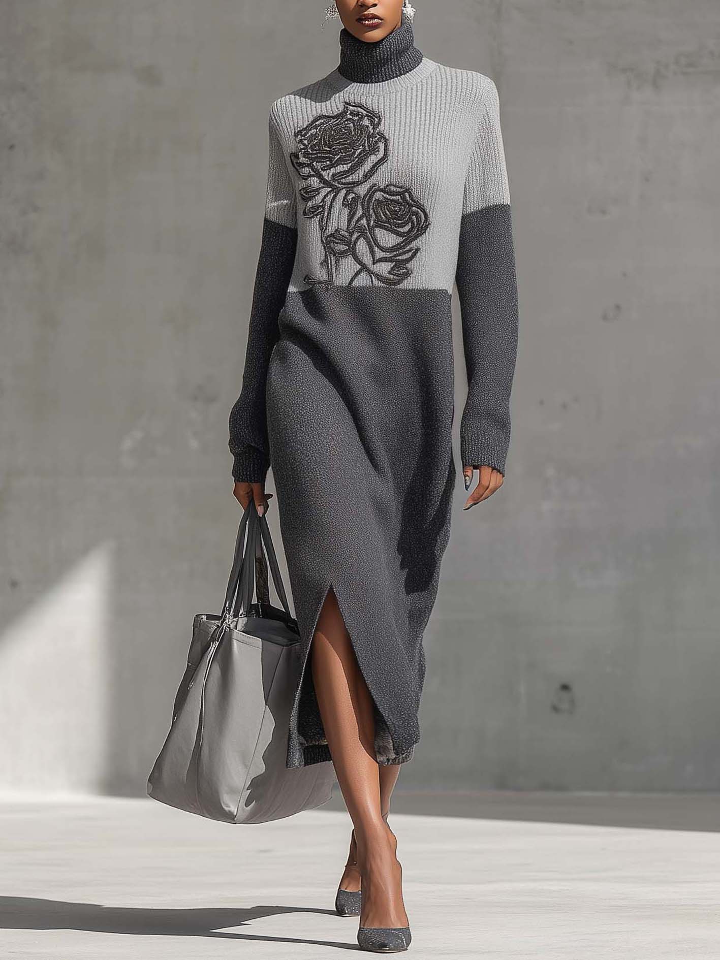 Gray Comfortable Turtleneck Midi Dress With Floral Embroidery