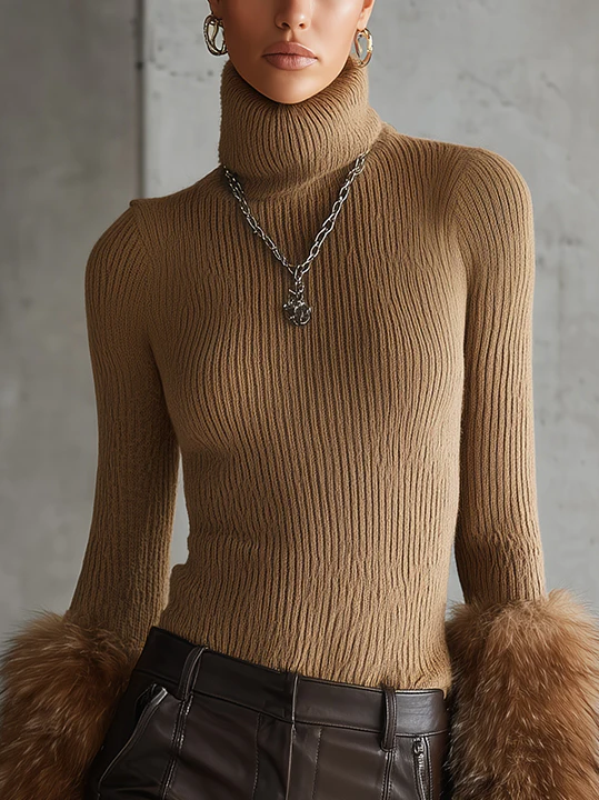 Camel Ribbed Turtleneck Sweater With Faux Fur Cuffs