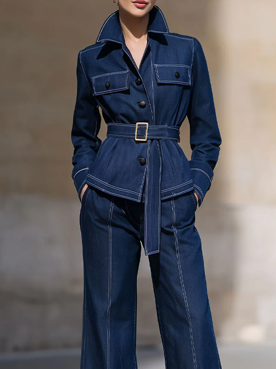 Mooyius Presents: Elegant Contrast-Stitch Denim Belted Suit Set For Modern Sophistication