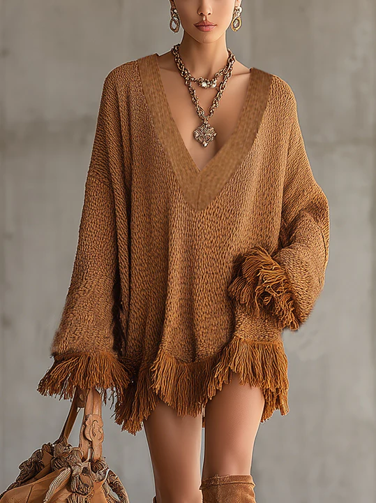 Camel Oversized Knit Sweater Dress With Fringe Trim And Deep V-Neck
