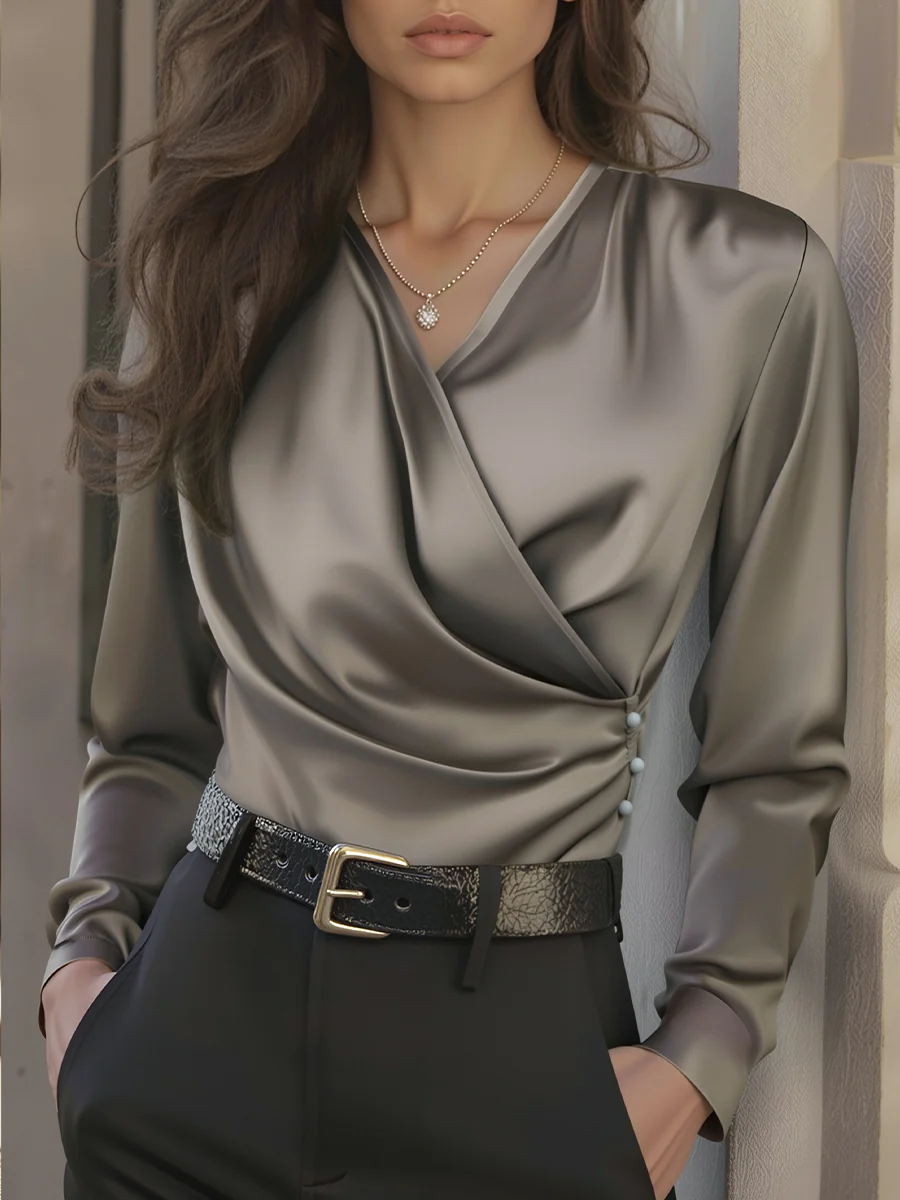 Luxurious Brown Lace Up Satin Blouse with a Tailored Fit and V-neck Design