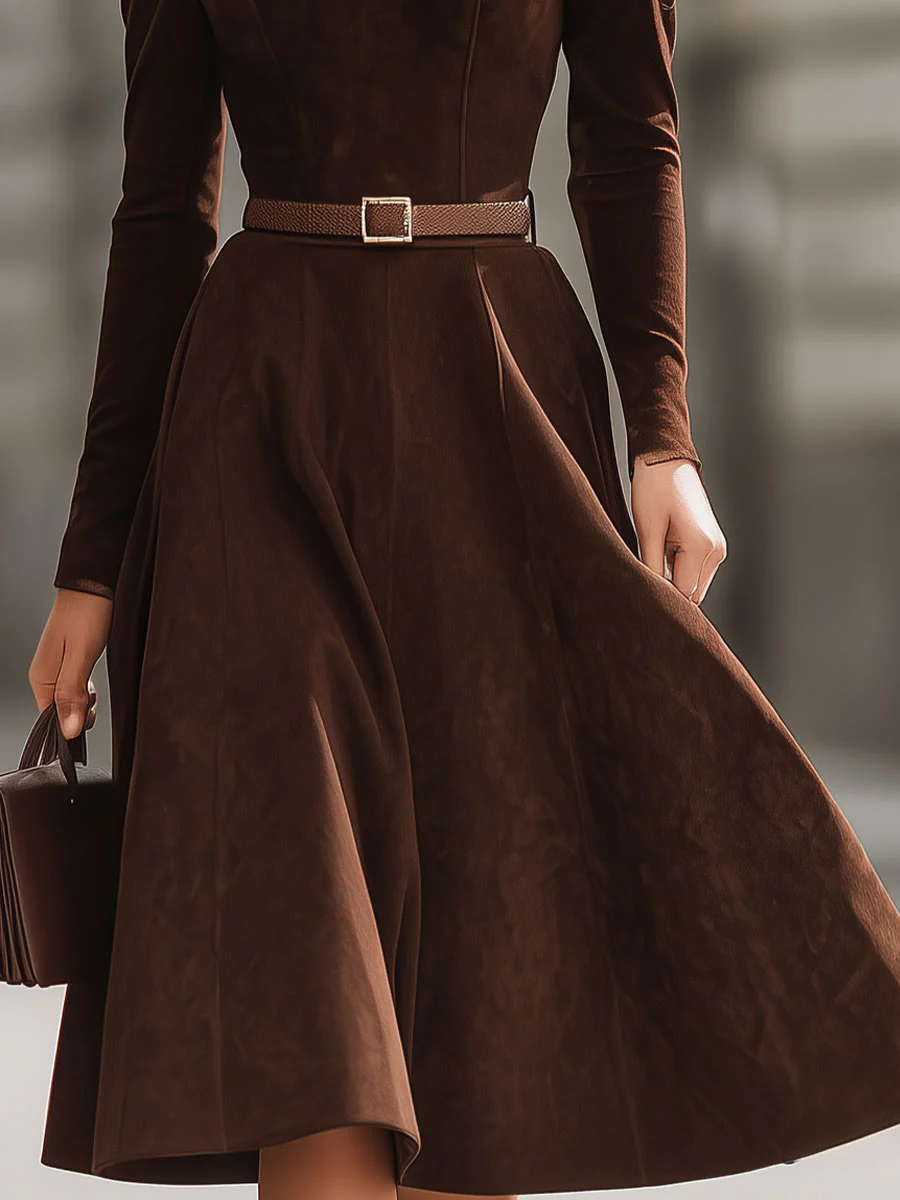 Elegant Brown Suede Midi Dress With Belted Waist