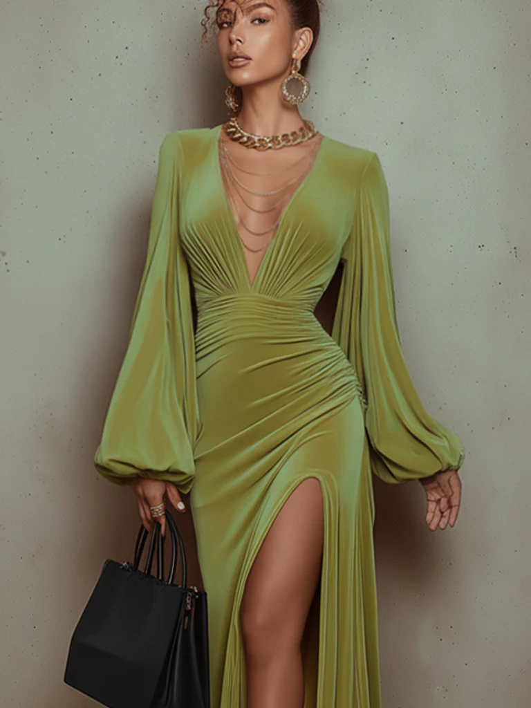 Green Velvet Deep V-Neck Chain Detail Long Sleeve Maxi Dress