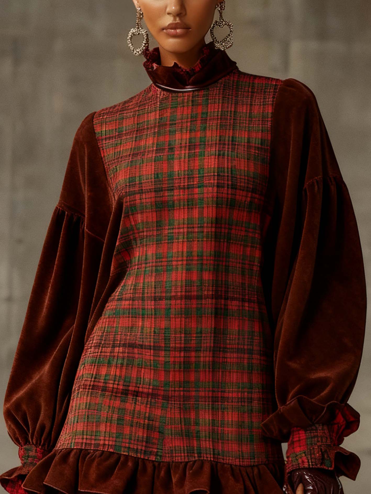 Brown Velvet Mini Dress With Ruffles And Patchwork Plaid