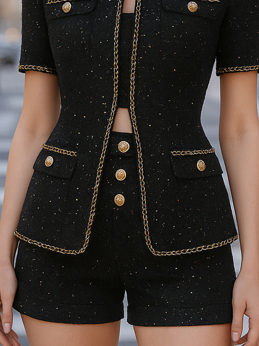 Elegant Tweed Shorts Set With Gold Chain Trim (Top And Shorts Only)