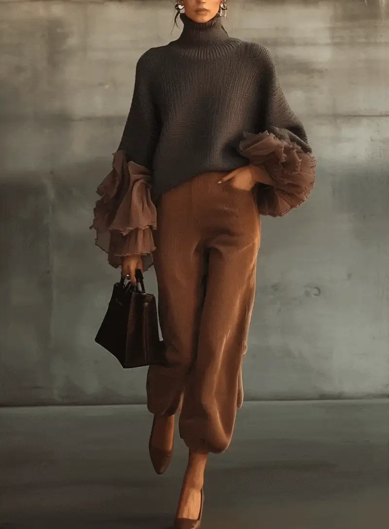Ruffle Sleeve Turtleneck Sweater And Corduroy Trousers Set