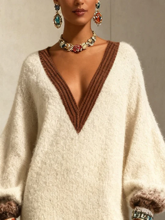 White And Brown Knit Sweater Dress With Balloon Sleeves