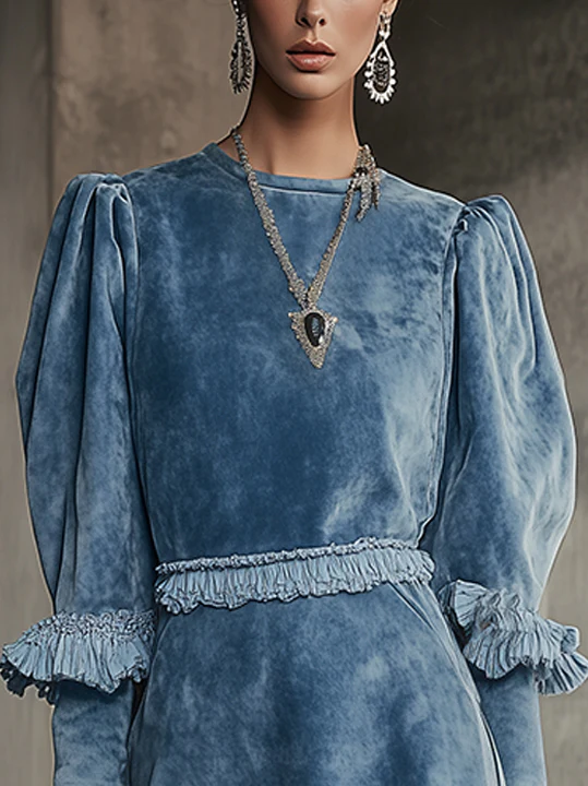 Blue Puff Sleeve Faux Suede Mini Dress With Ruffle Accents