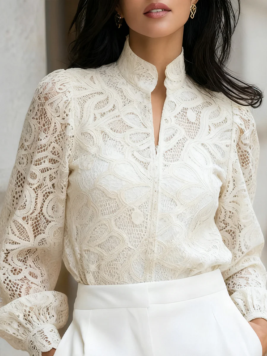 Lace High-Neck Blouse With Balloon Sleeves