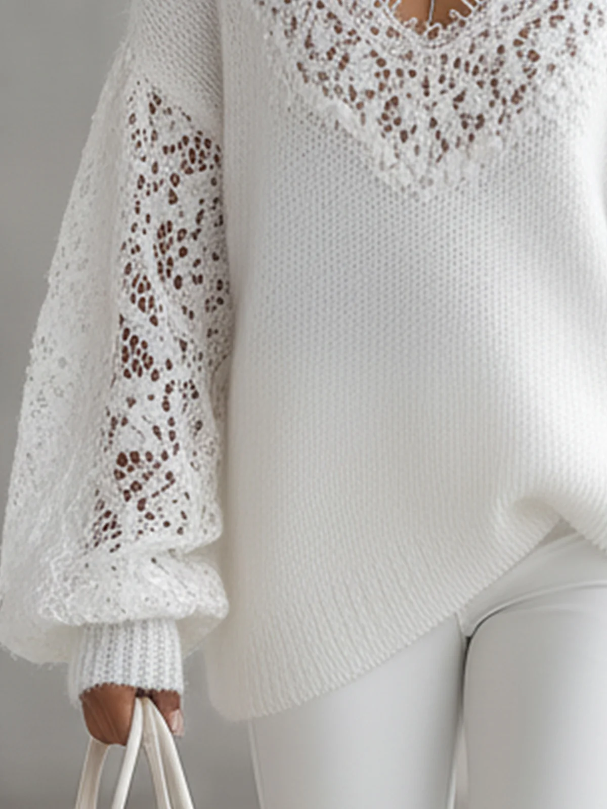 White V-Neck Knit Sweater With Lace Insets And Balloon Sleeves