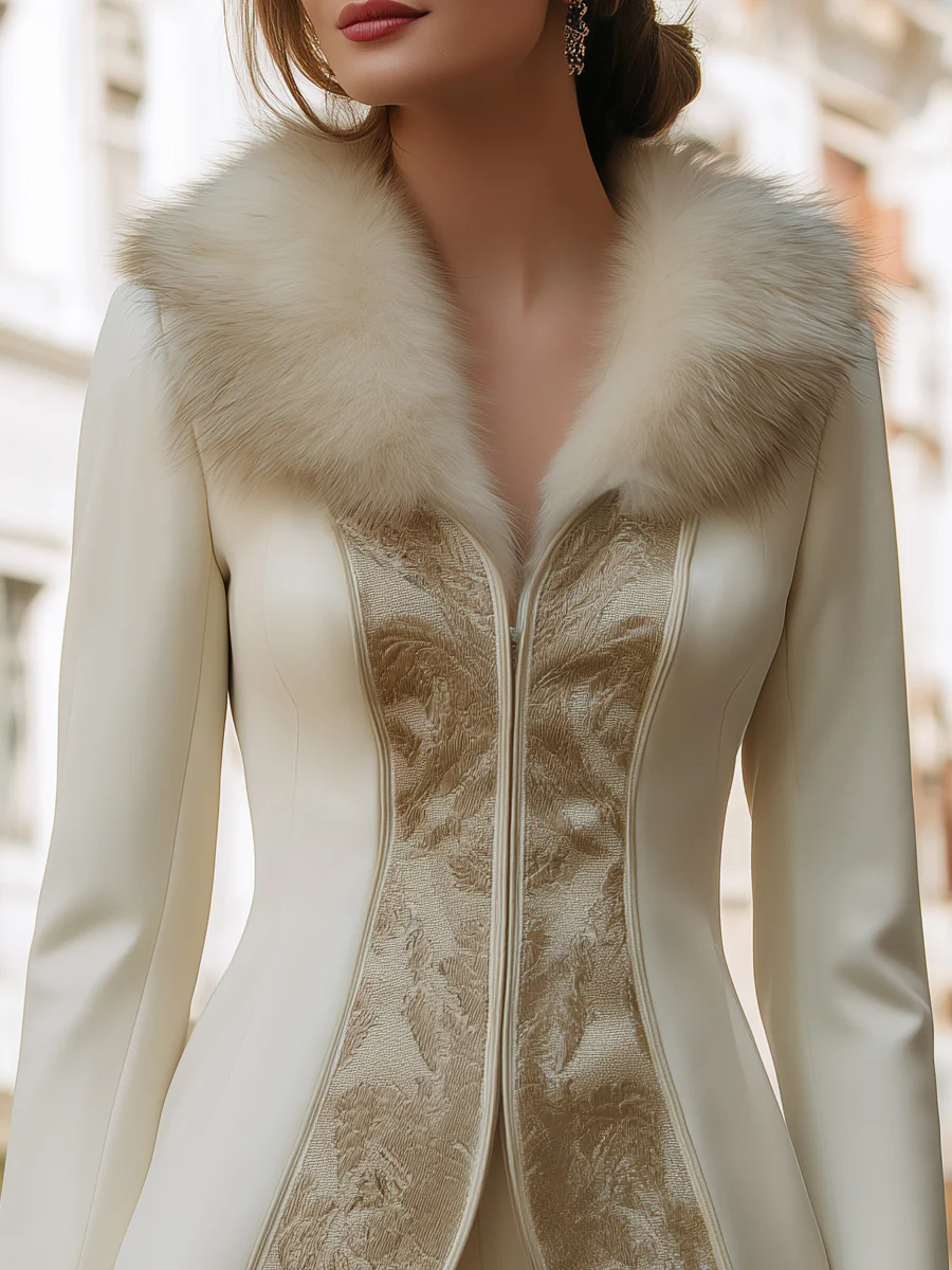 Jacquard Panel Blazer With Detachable Faux-Fur Collar